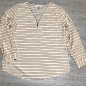Calvin Klein beige striped blouse w zipper. Large